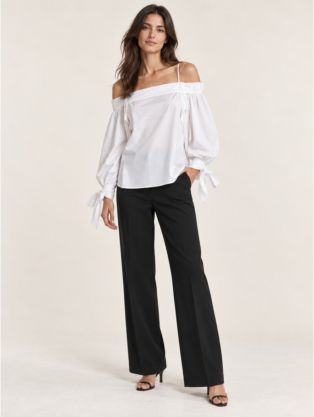 Adolfo Dominguez White Off Shoulder Blouse Tie Cuffs Size 36 US 4